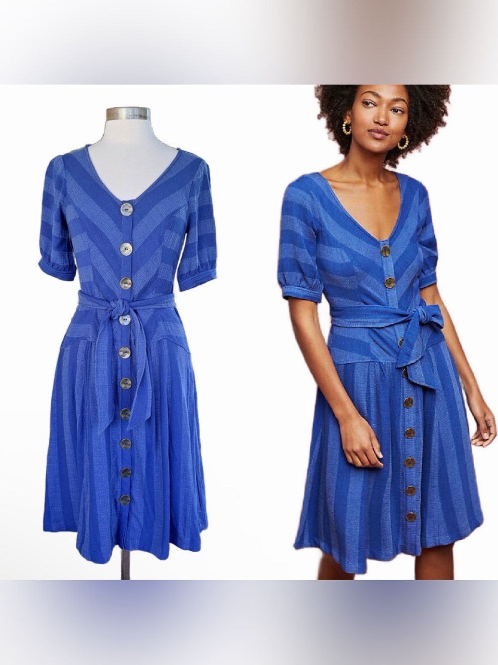 Anthropologie Blue Striped Button Front Tie Waist Midi Dress 6
